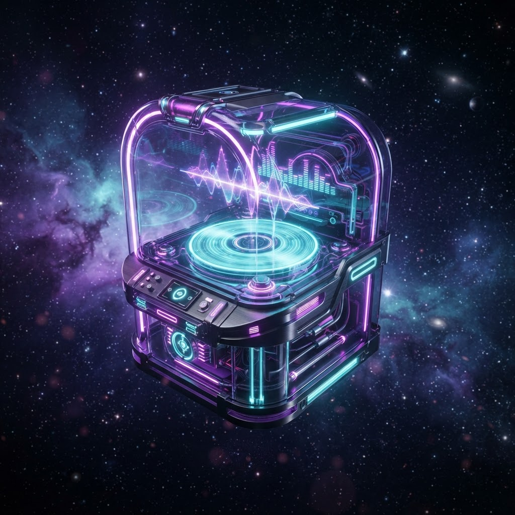 The Cosmic Jukebox platform — a holographic jukebox glowing in deep space